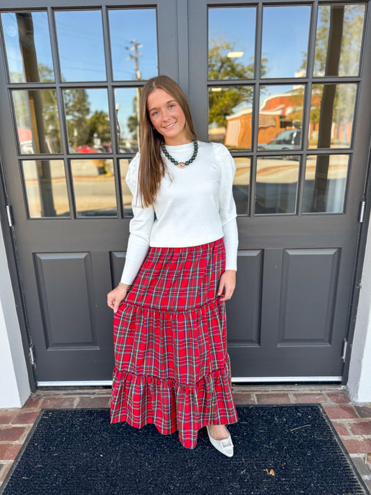 Red Plaid Tiered Maxi Skirt