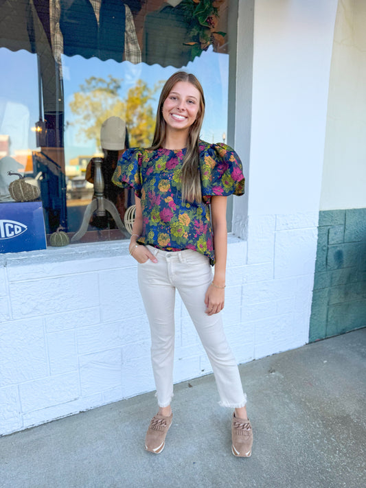 Navy Floral Textured Top