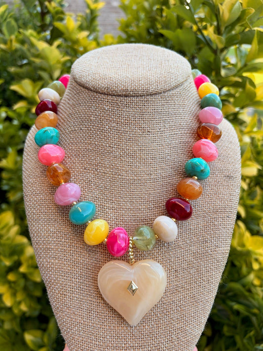 Multi Beaded Necklace with Neutral Heart Pendant 