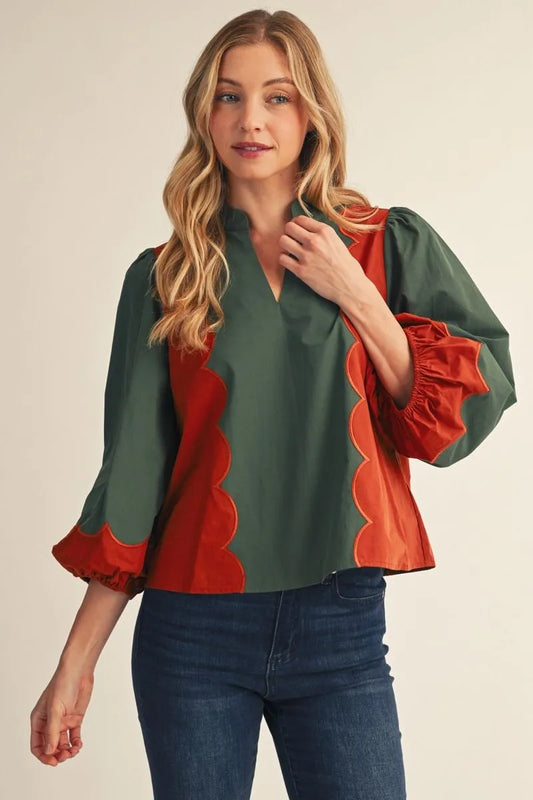Hunter Green & Rust Scallop Top