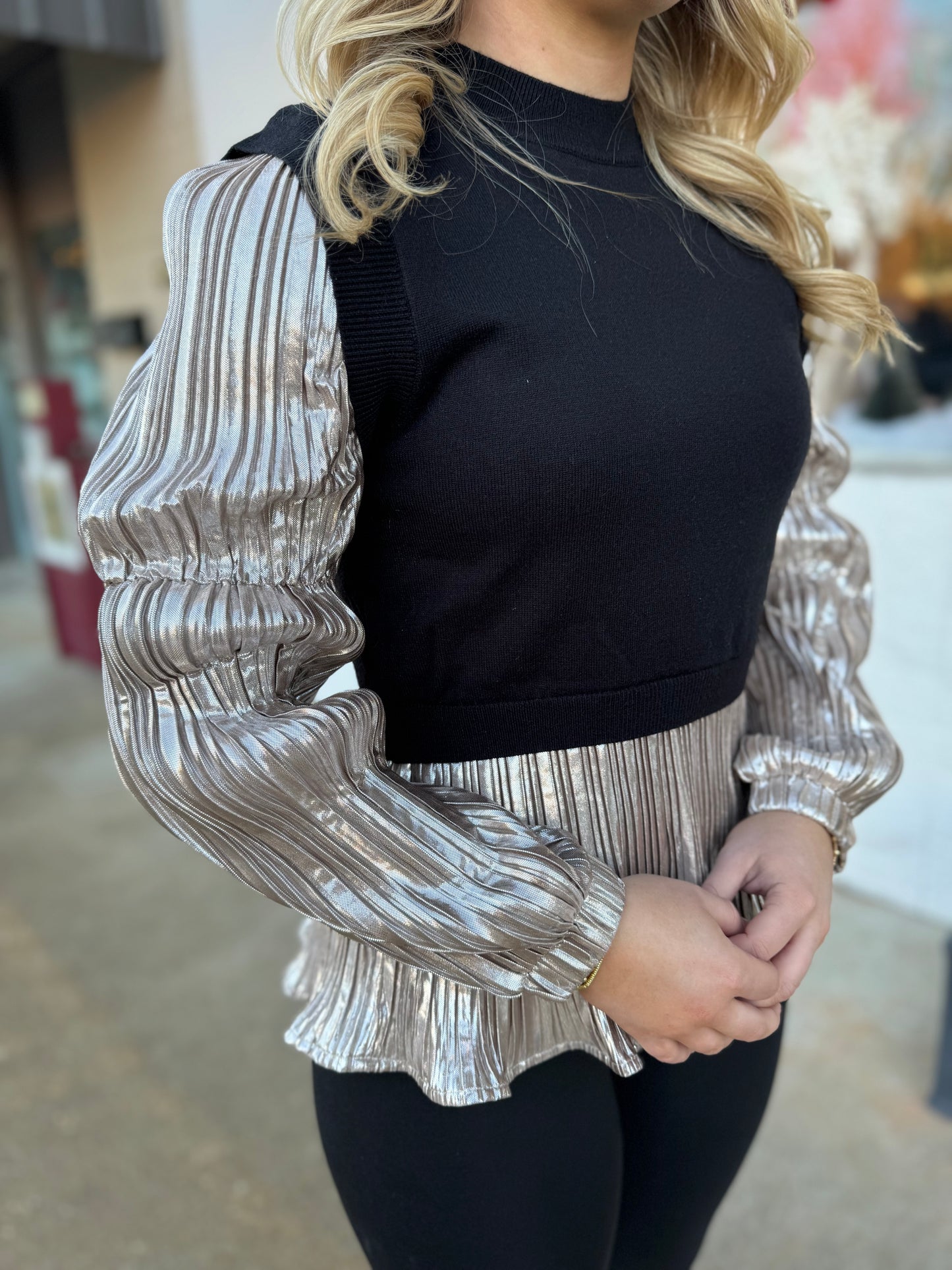 Metallic Sleeve Knit Top