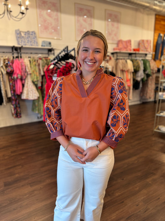 Rena Rust Embroidery Top