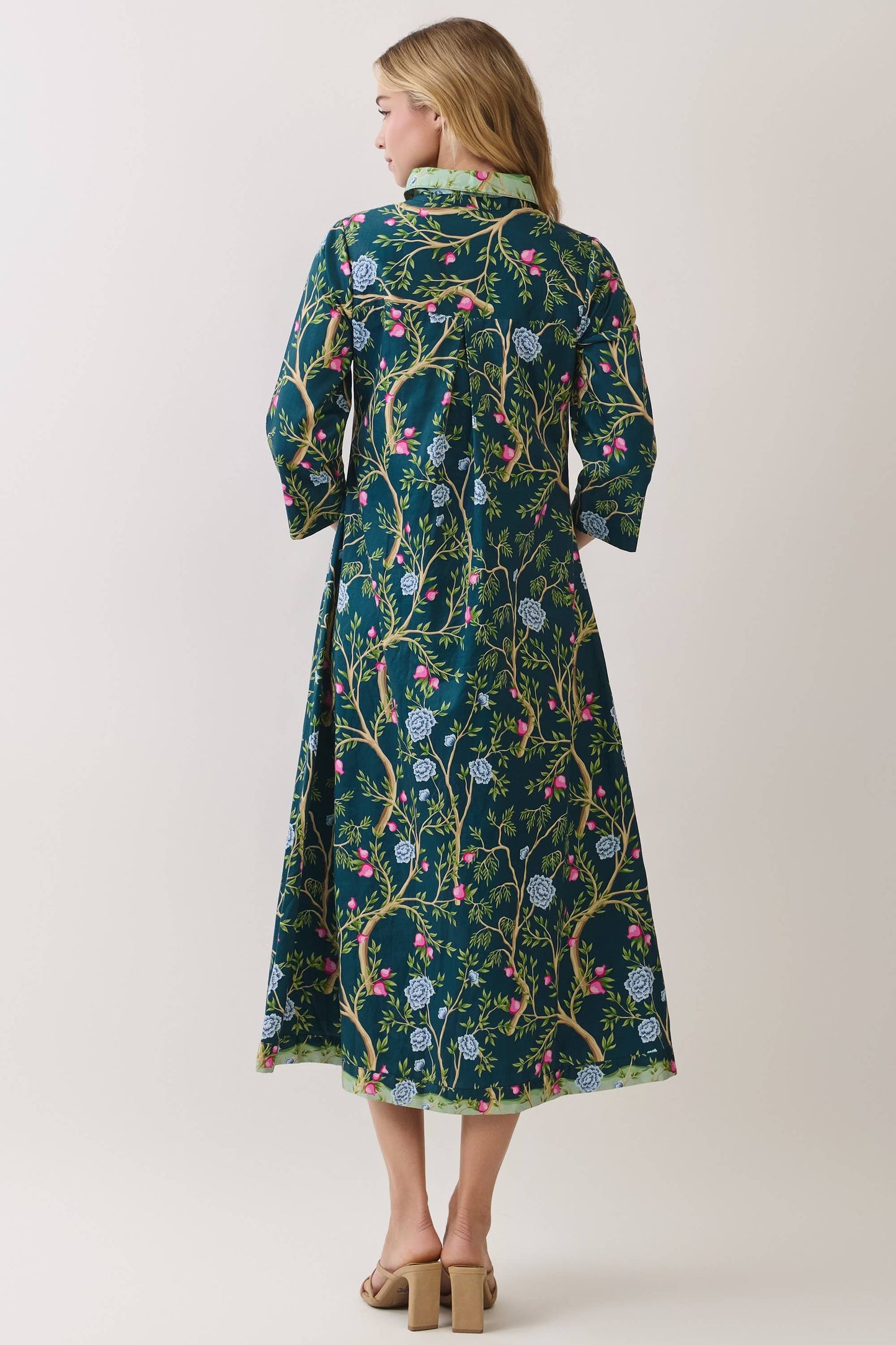 Teal Botanical Midi Shirt Dress