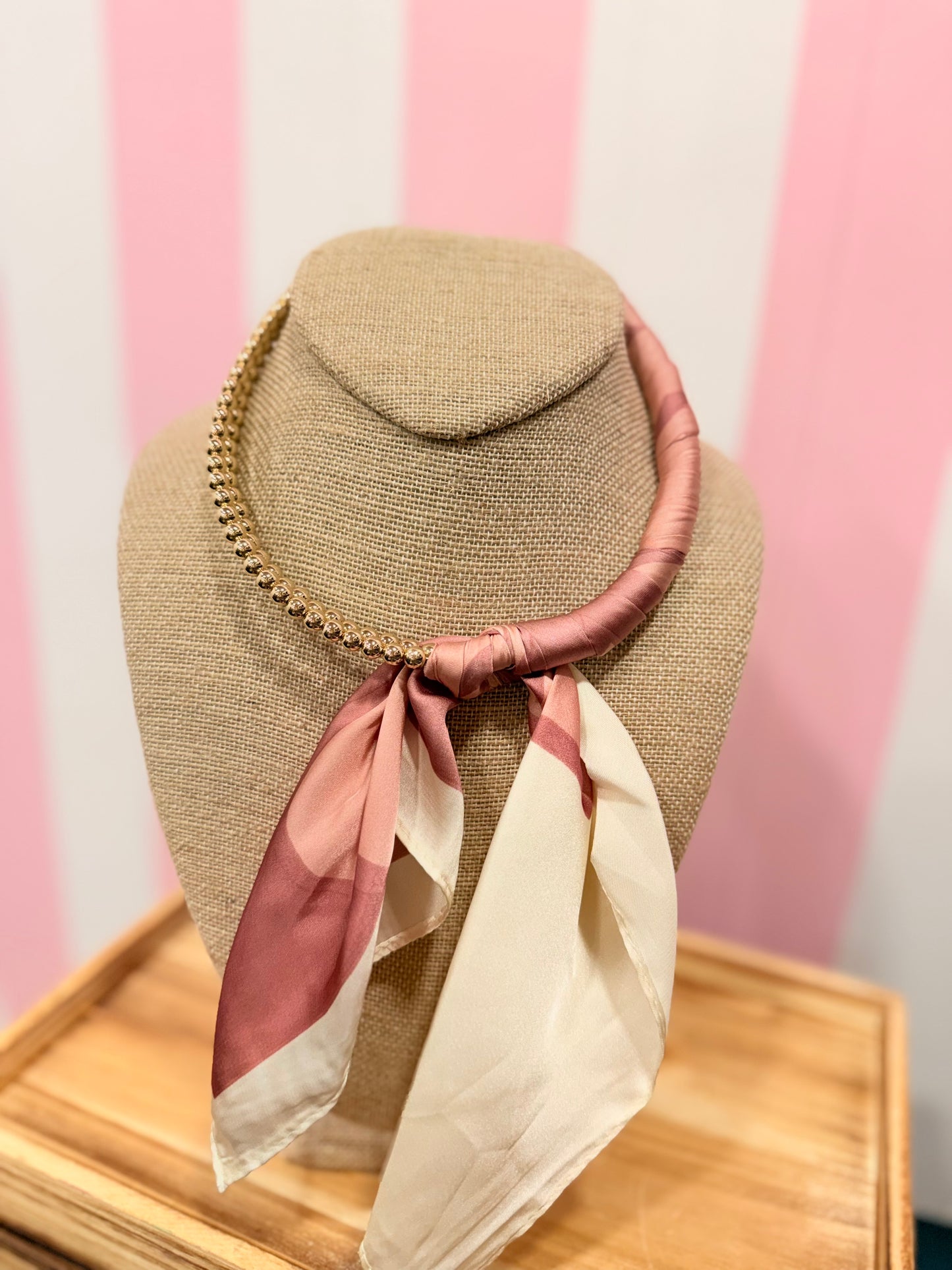 Silk Scarf Wrapped Necklace Dust Pink/Gold