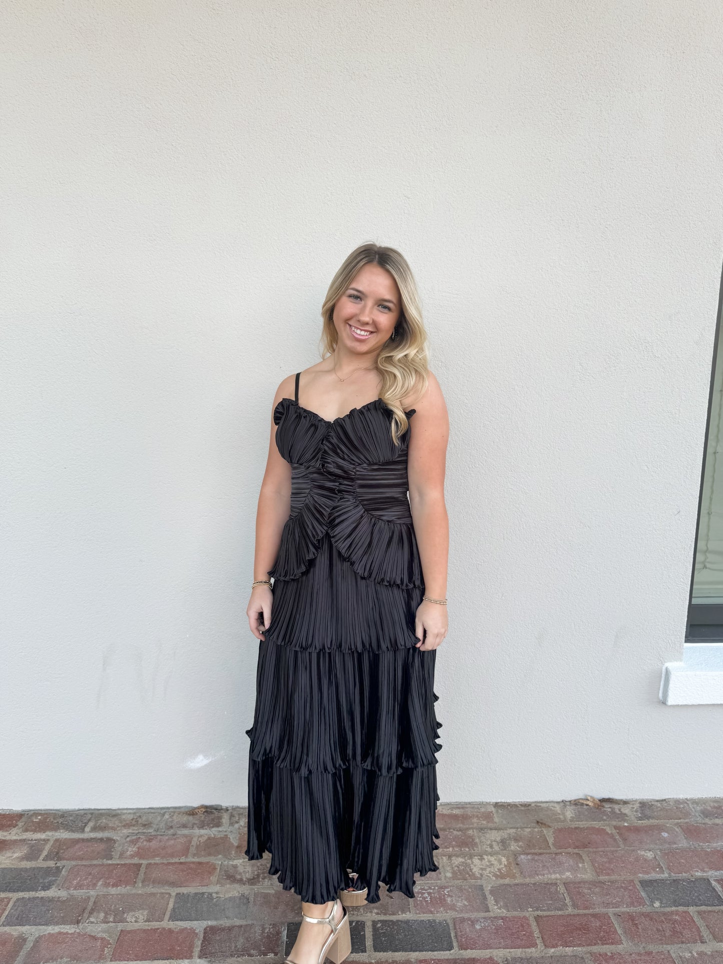 Black Pleated Satin Midi Dress