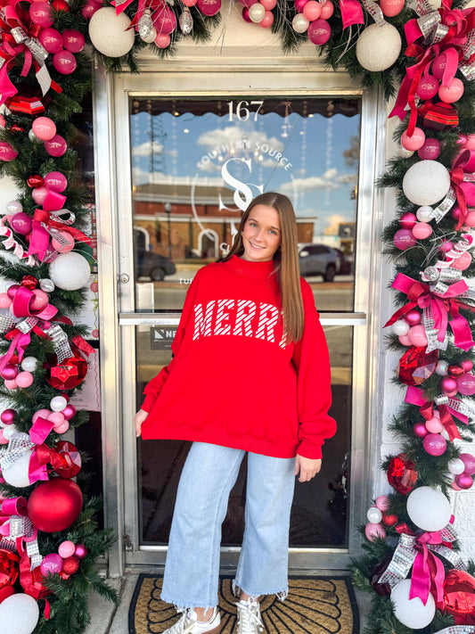 MERRY Embroidered Mock Neck Sweatshirt