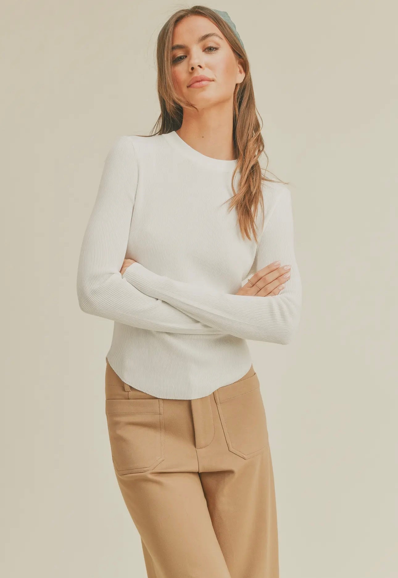 White Ribbed Long Sleeve Basic Top