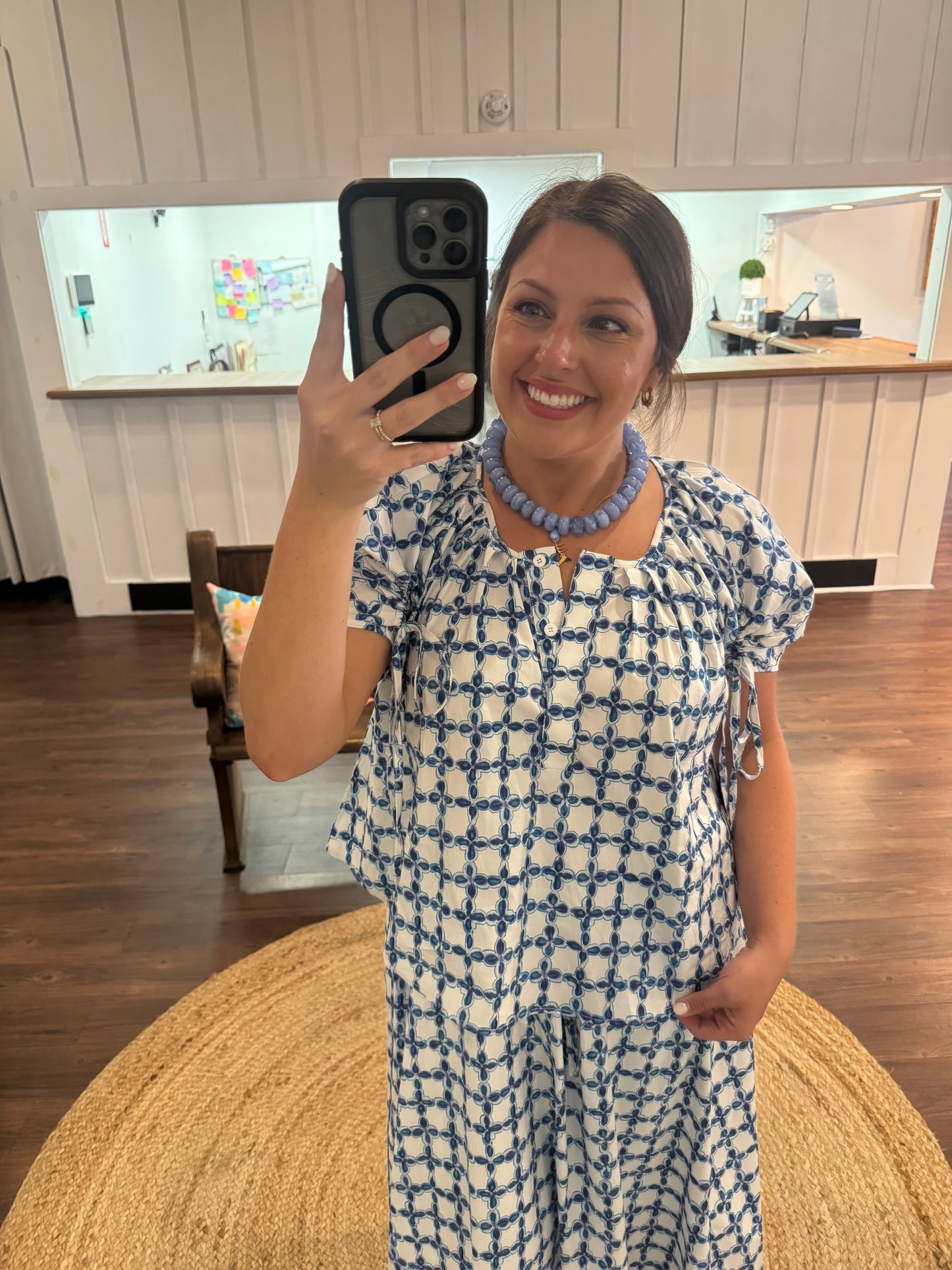 Watercolor Blue Pleated Top