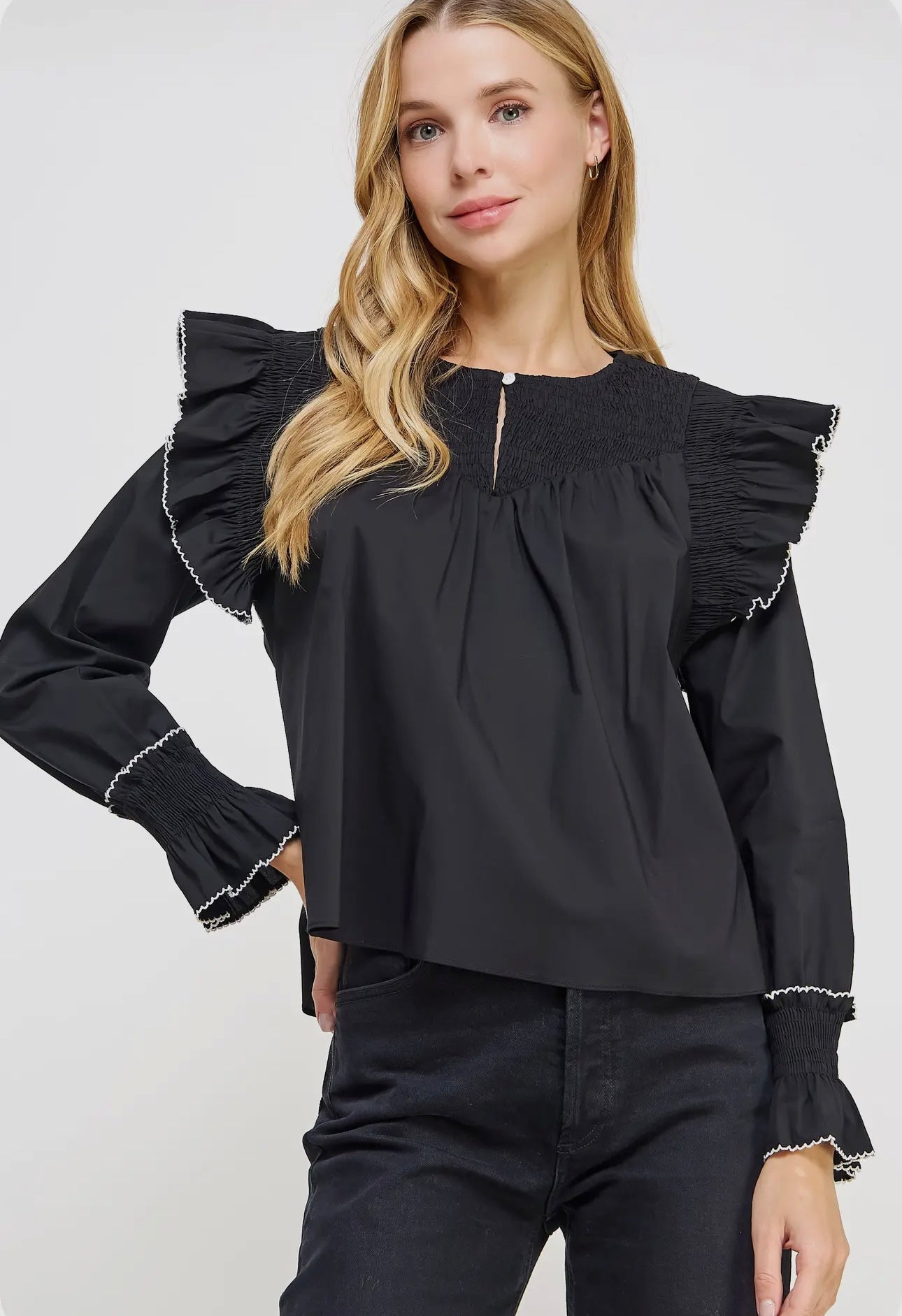 Black Contrast Ruffle Long Sleeve Top