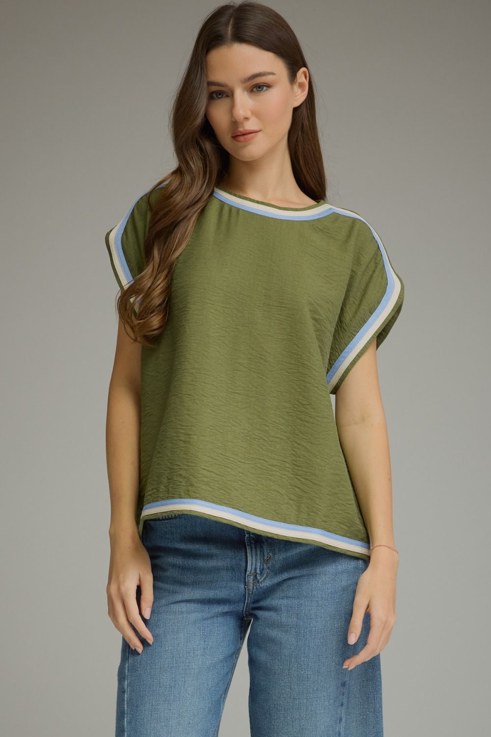 Olive Blue Trim Top