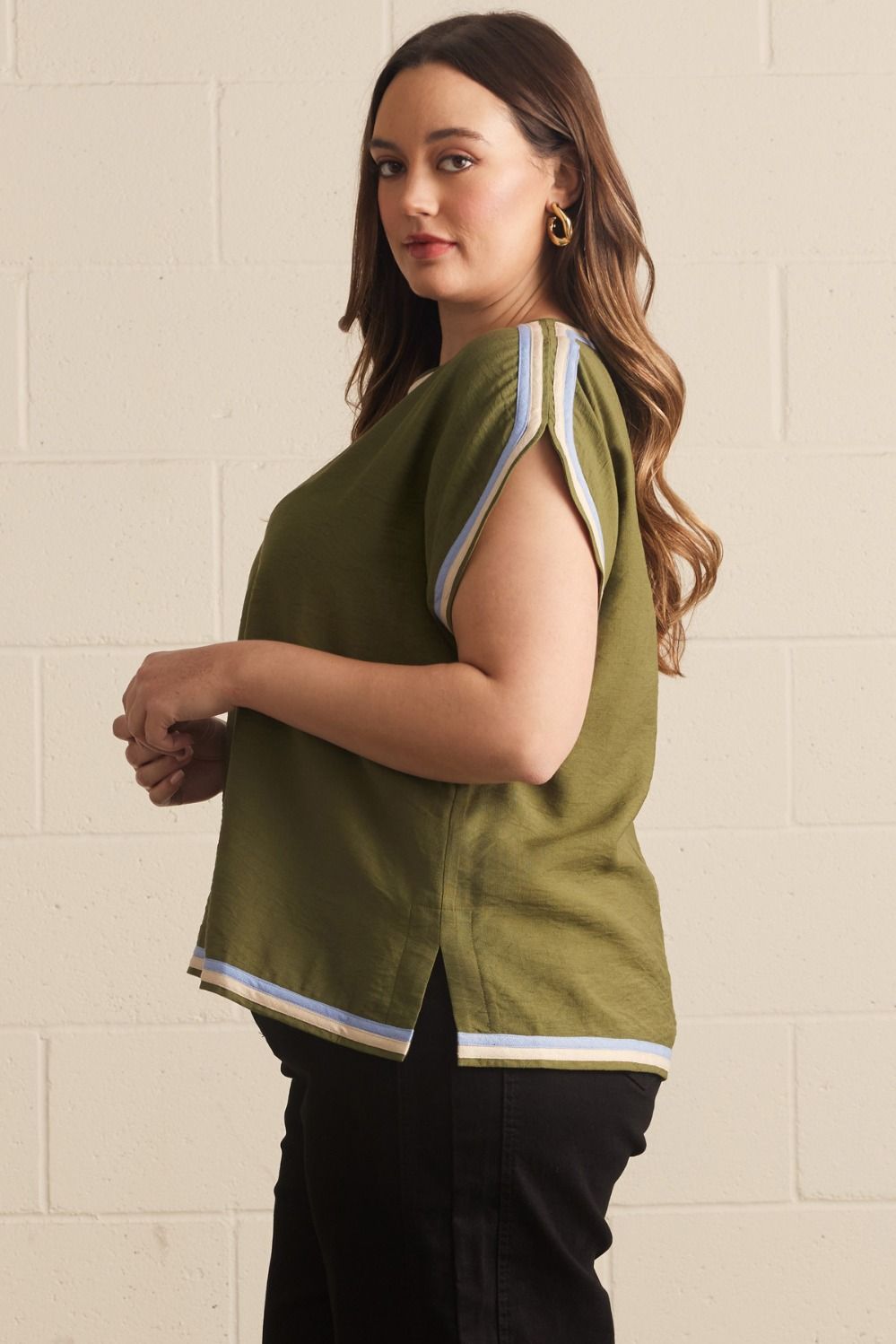 Olive Blue Trim Top