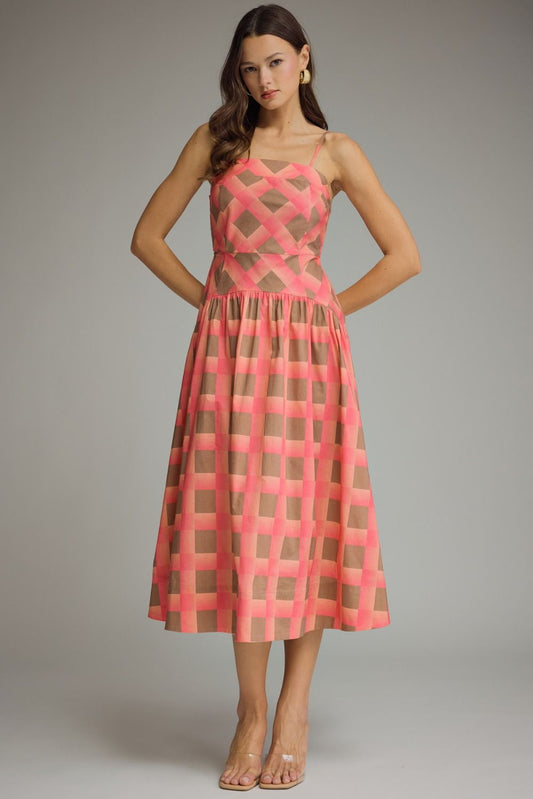 Coral + Brown Plaid Dress