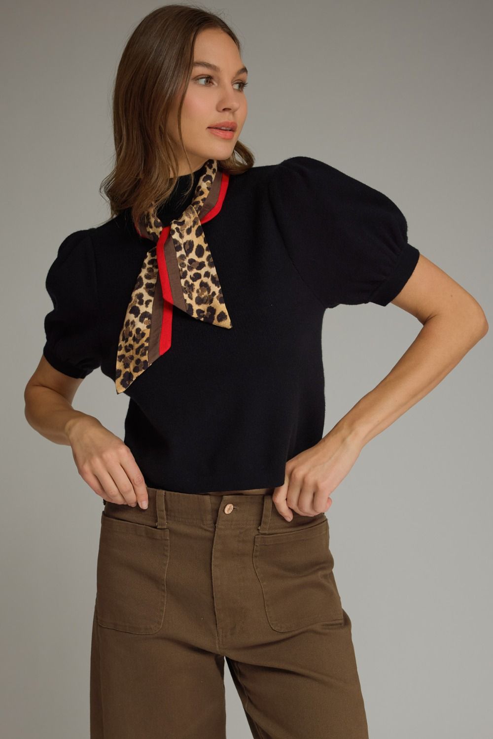 Black Knit Top With Leopard Scarf