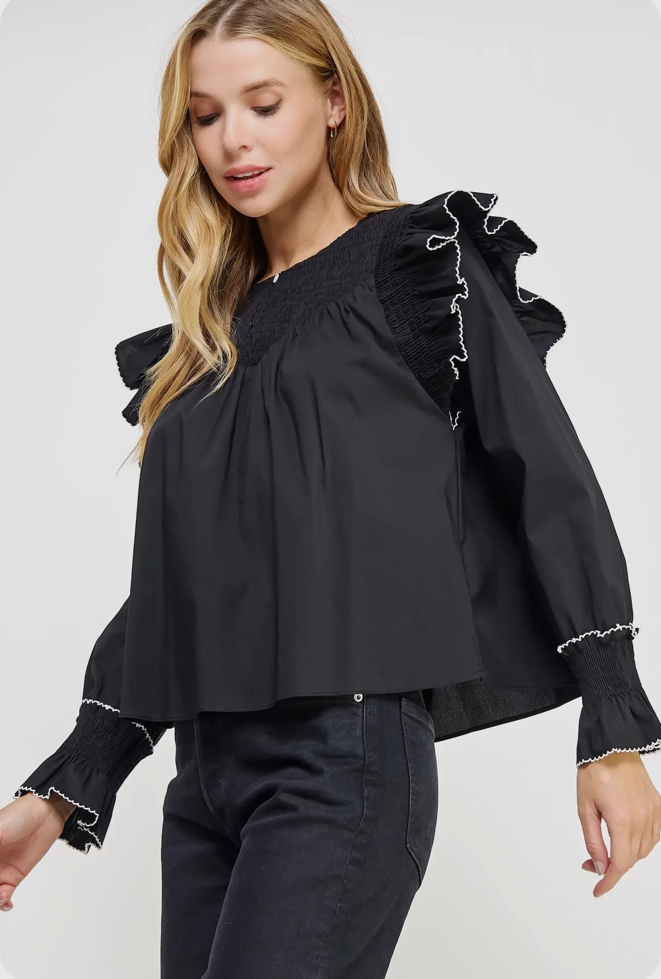 Black Contrast Ruffle Long Sleeve Top