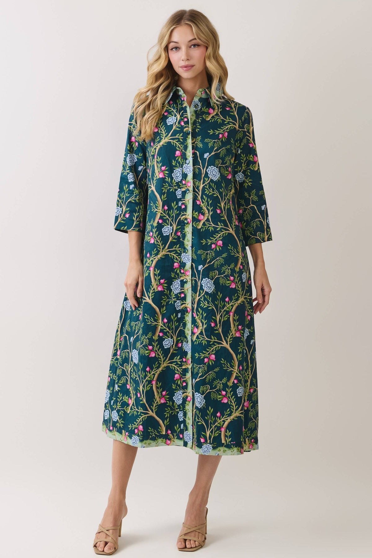 Teal Botanical Midi Shirt Dress