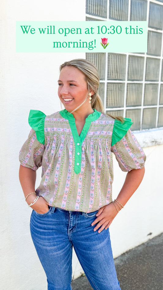 Green Contrast Ruffle Top