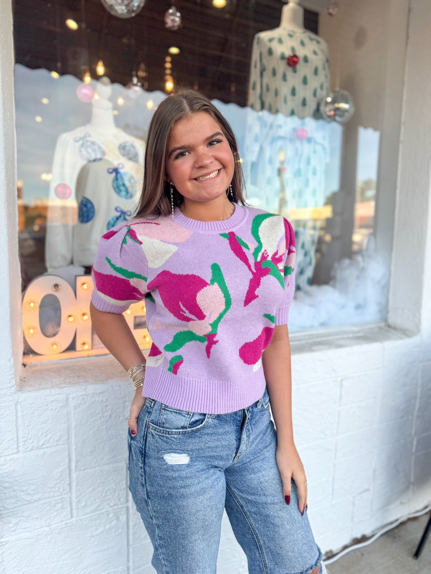 Floral Pattern Short Sleeve Knit Top