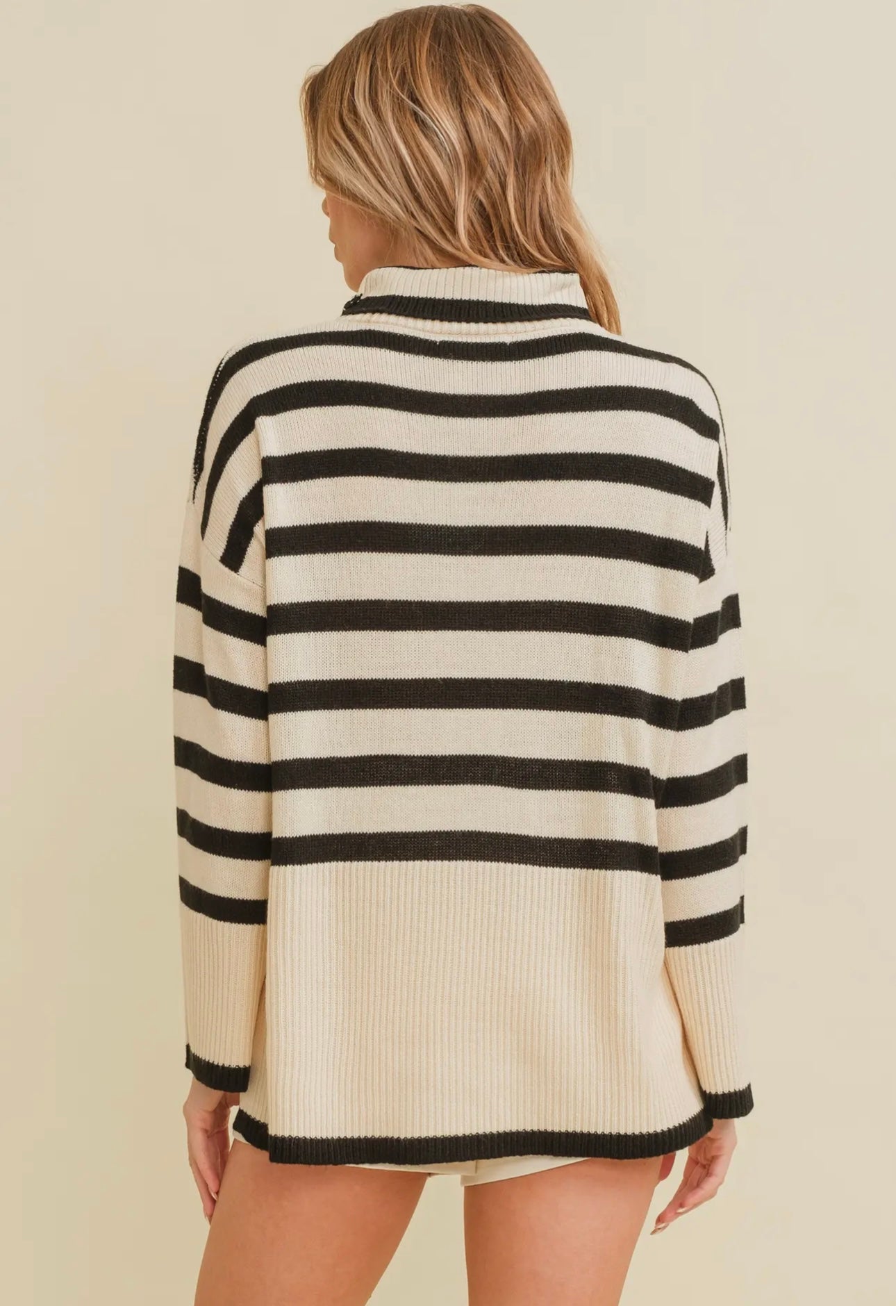 Cream/Black Striped Turtleneck Sweater