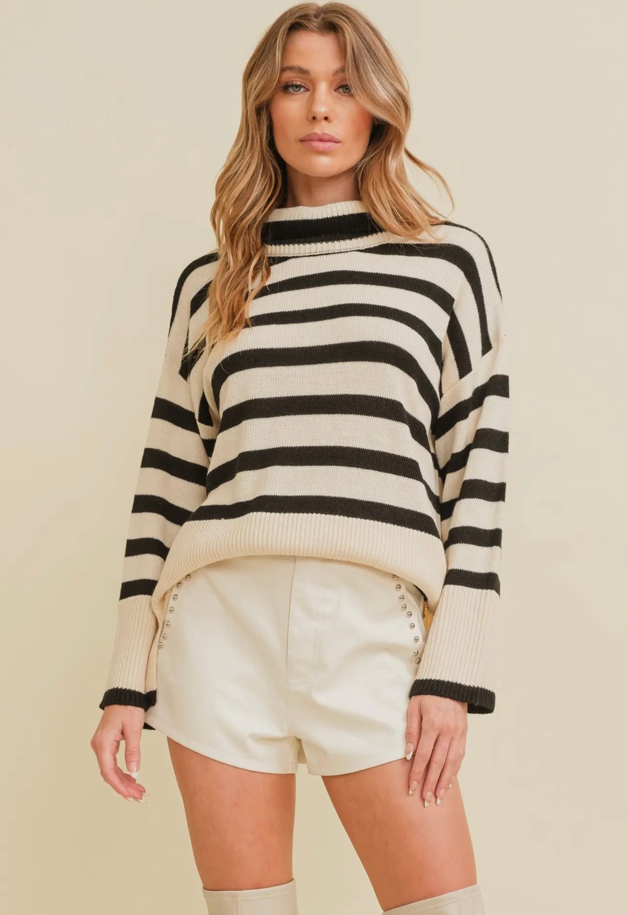 Cream/Black Striped Turtleneck Sweater