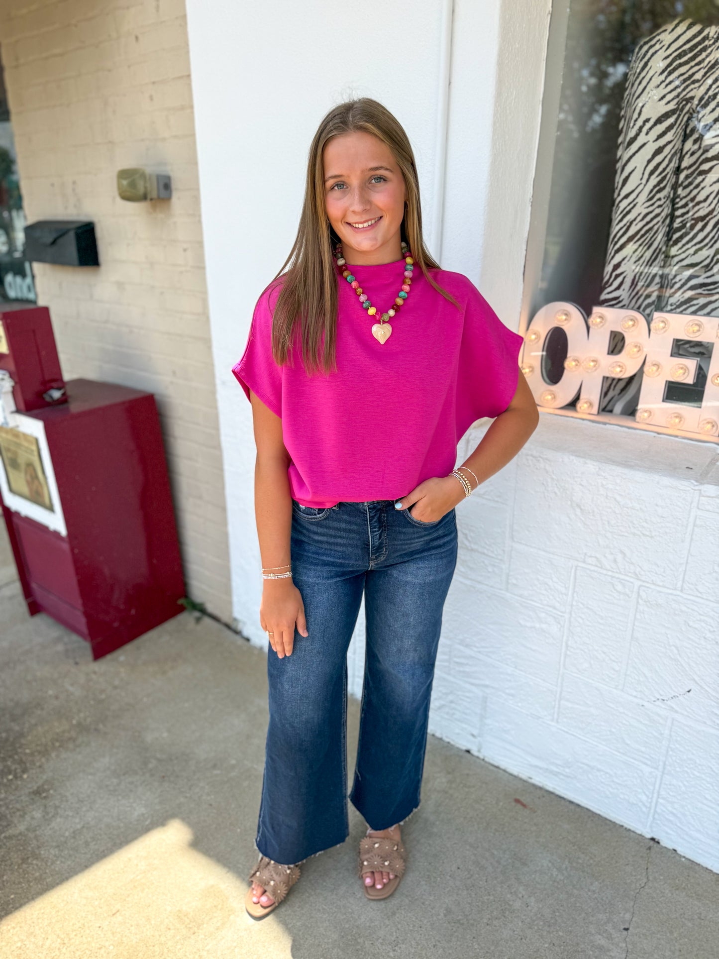 Magenta Mock Neck Batwing Sleeve Top