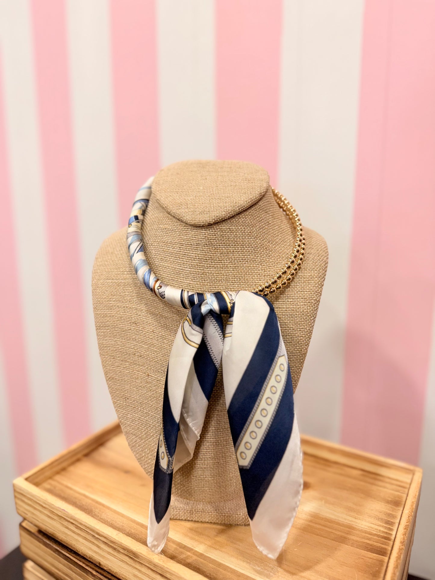 Silk Scarf Wrapped Blue/Gold Necklace