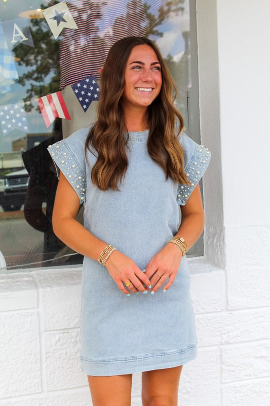 Light Blue Denim Pearl Sleeve Dress