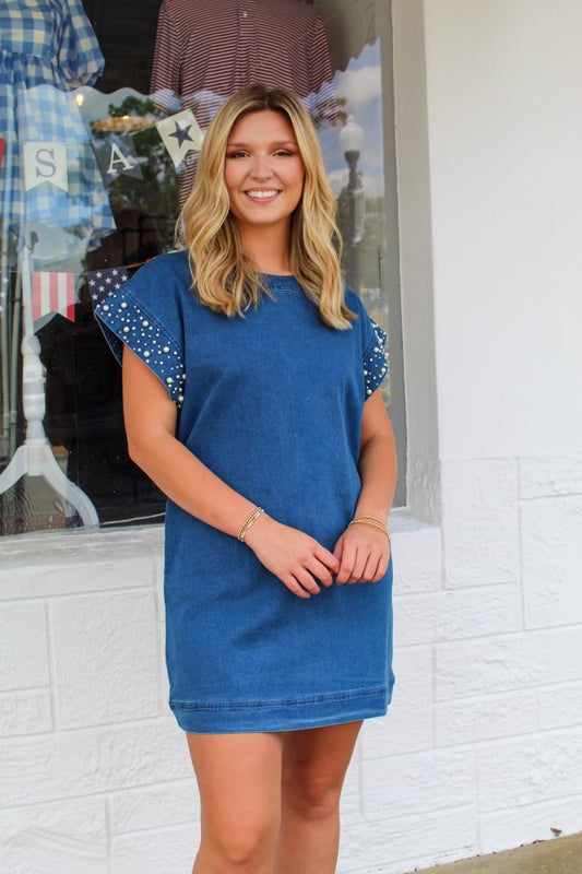 Blue Denim Pearl Sleeve Dress