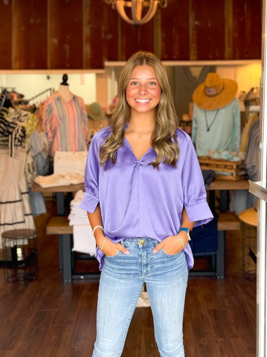 Violet Satin Open Sleeve Top