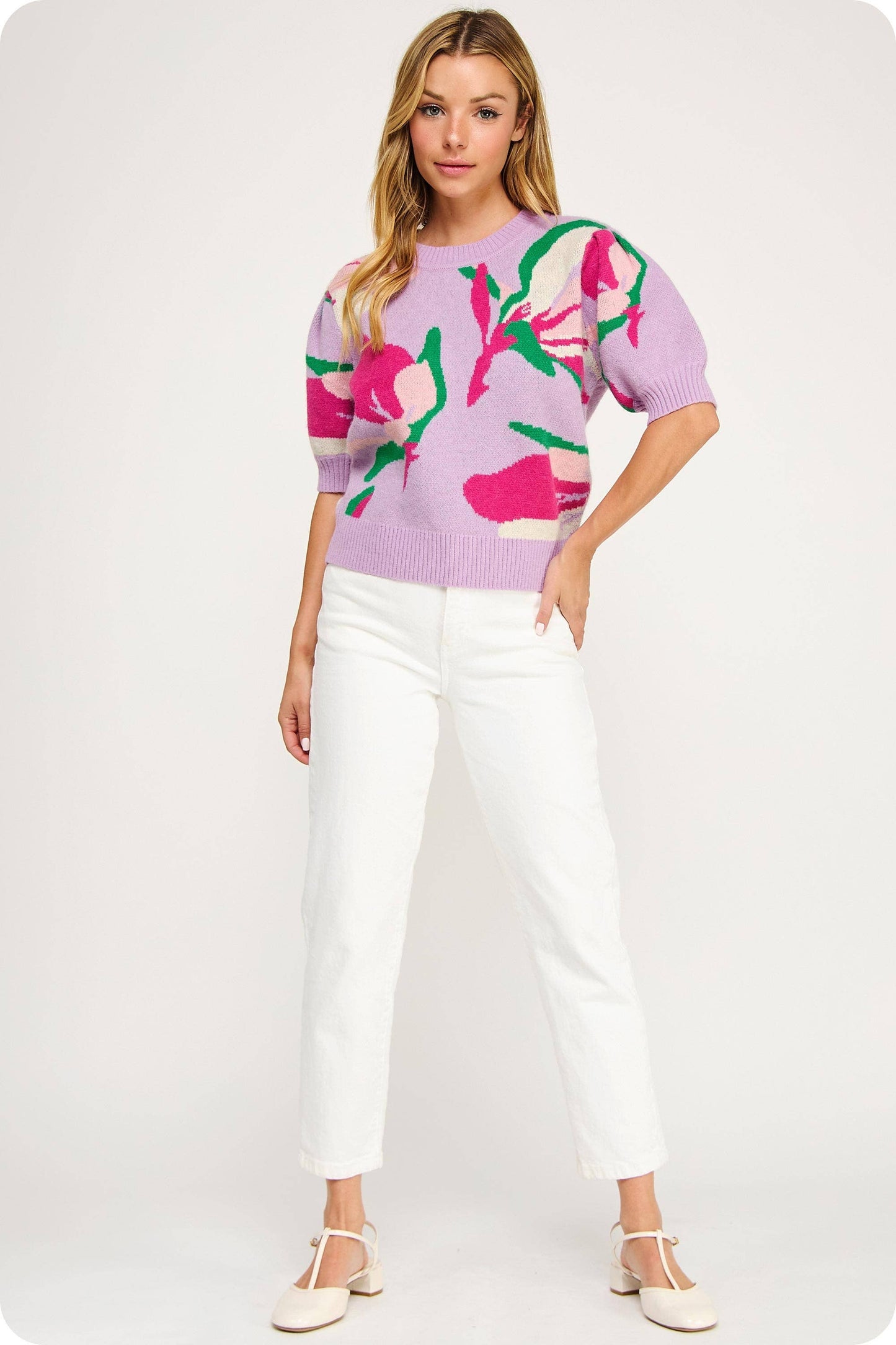 Floral Pattern Short Sleeve Knit Top