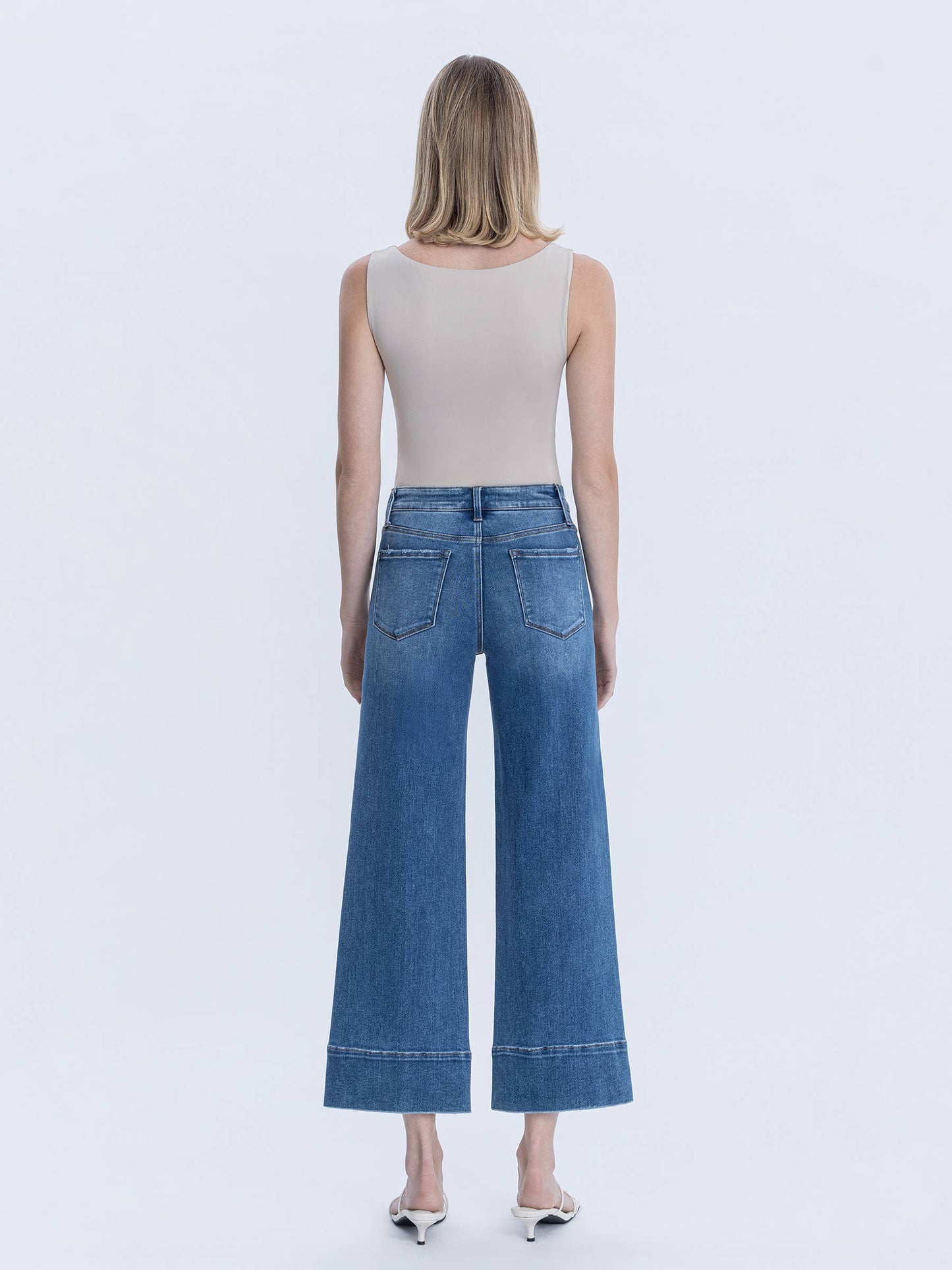HIGH RISE TROUSER HEM PIN TUCK ANKLE WIDE JEANS