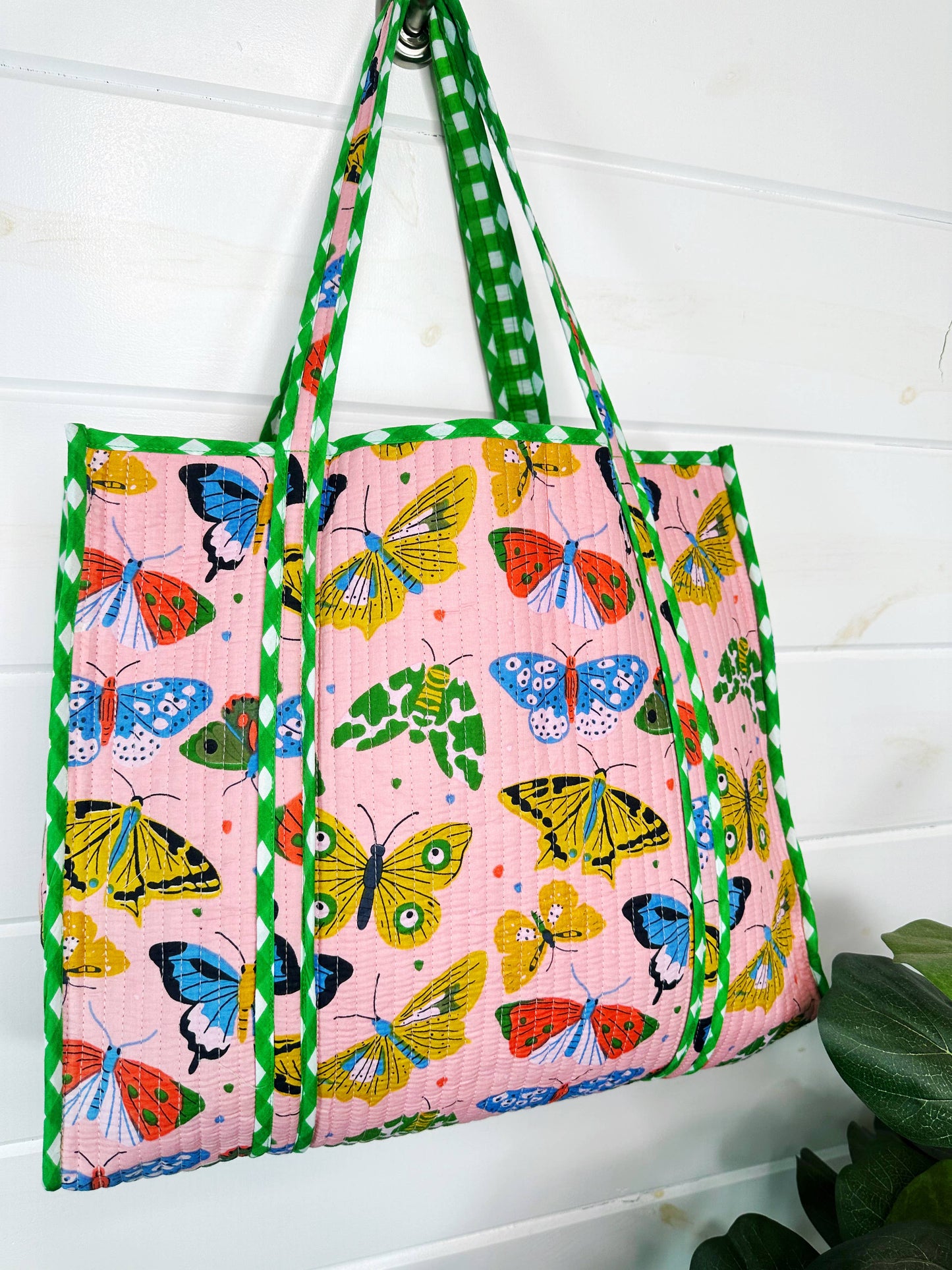 Quilted Tote Bag | Large Travel Bag | Pink Butterfly Print
