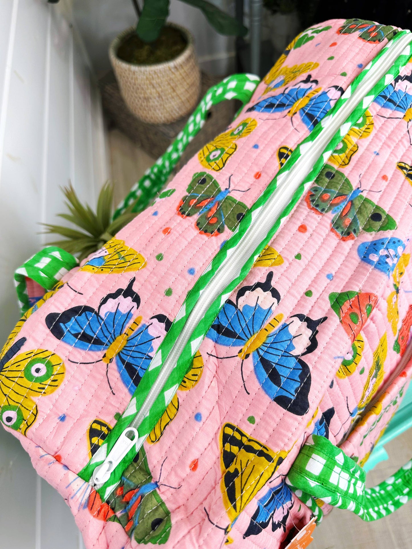Quilted Duffel Weekender Travel Bag | Overnight| Pink Butterfly