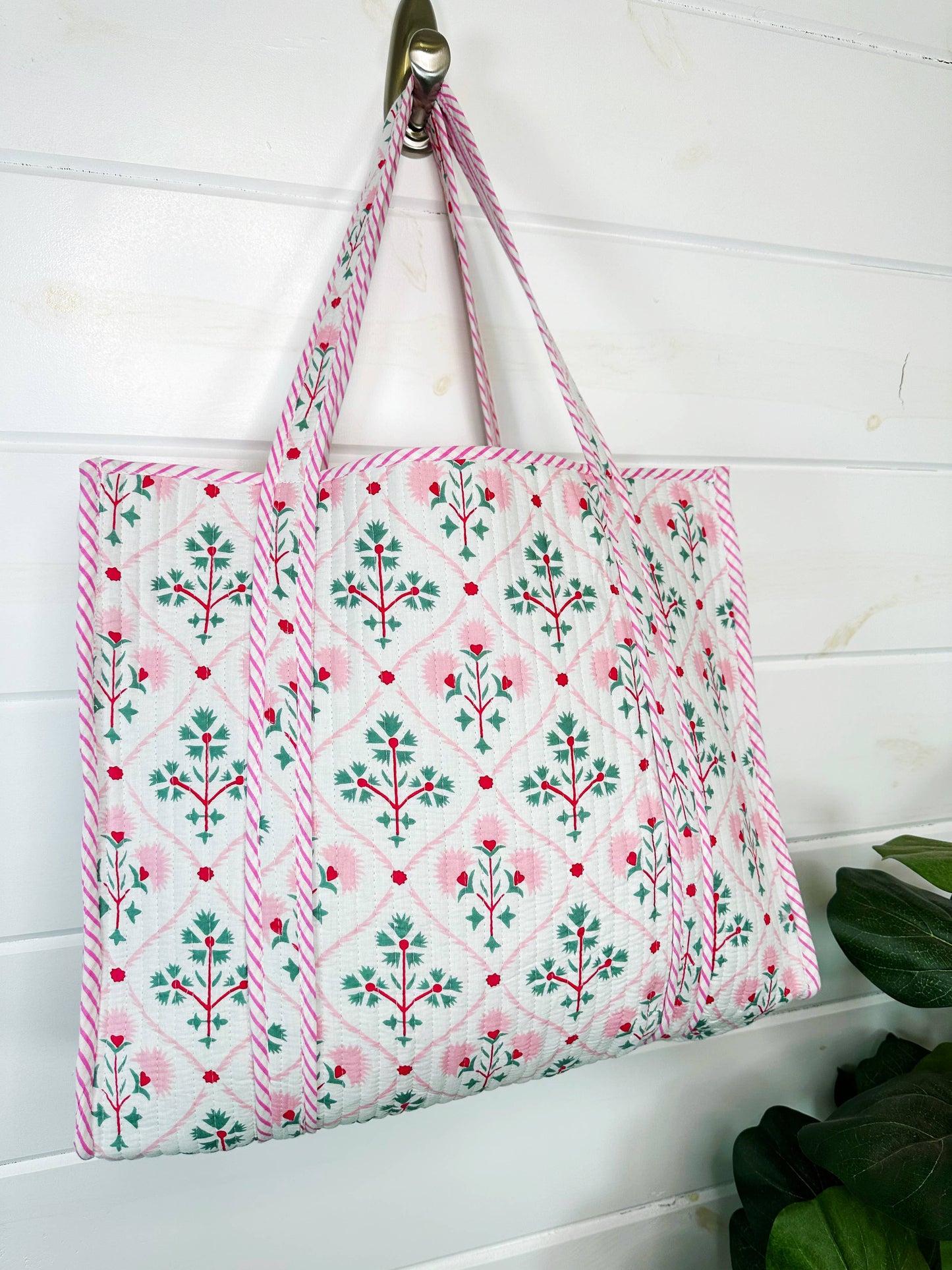 Folk Floral Large Quilted Tote Bag – Handmade, Reversible
