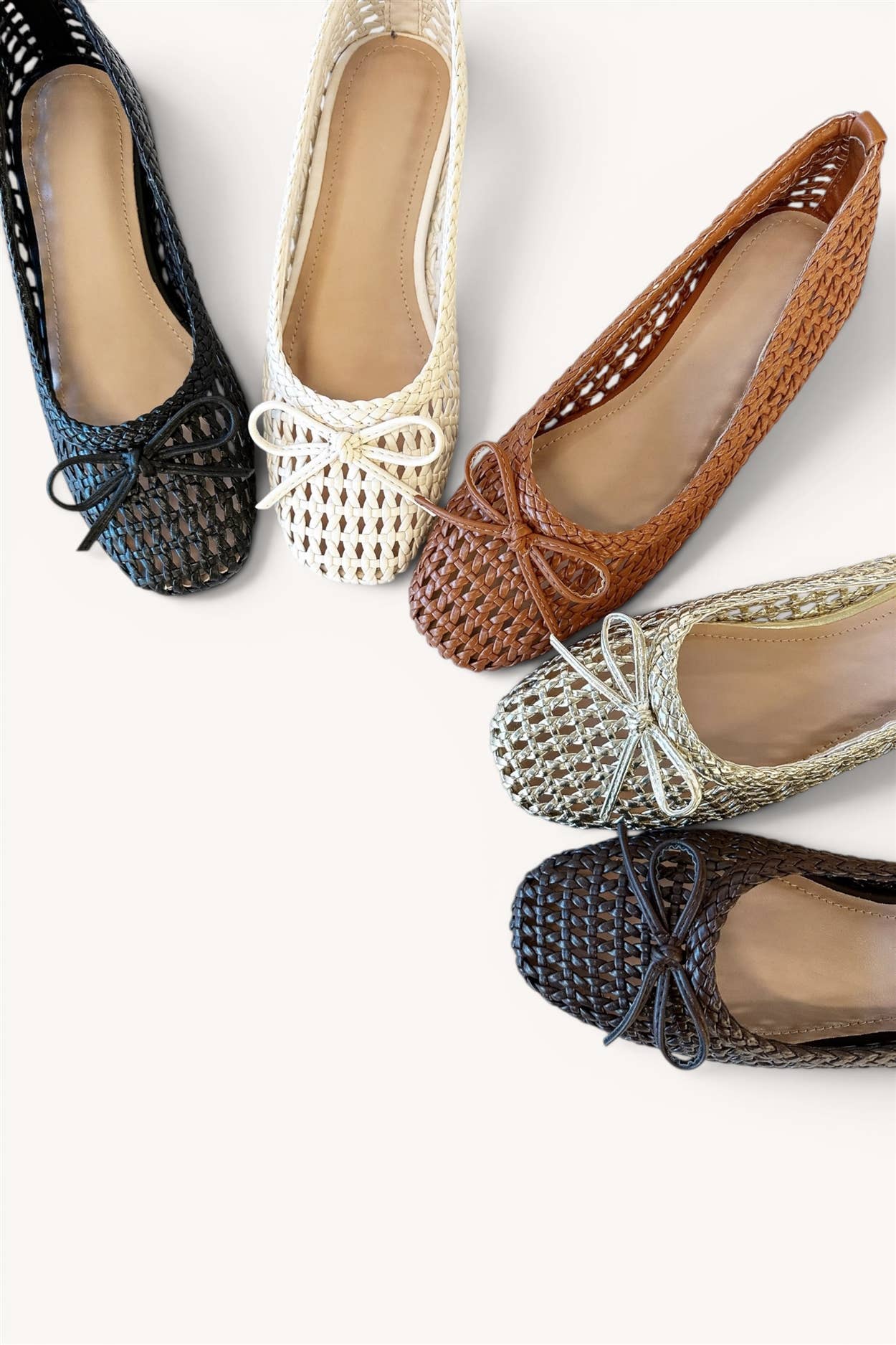 CONCINNITY-7 Woven Lattice Ballet Flats with Ribbon Bow Deta