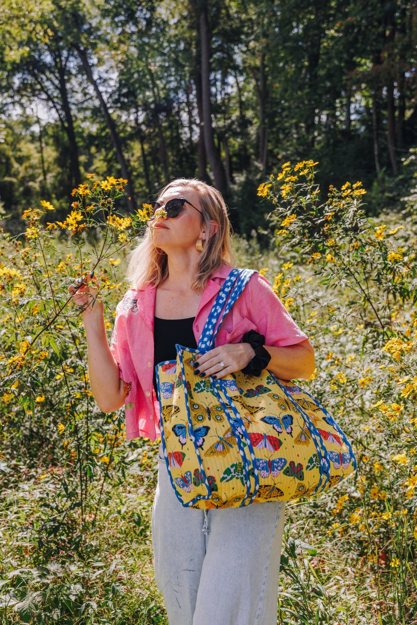 Quilted Tote Bag | Large Travel Bag | Yellow Butterfly Print