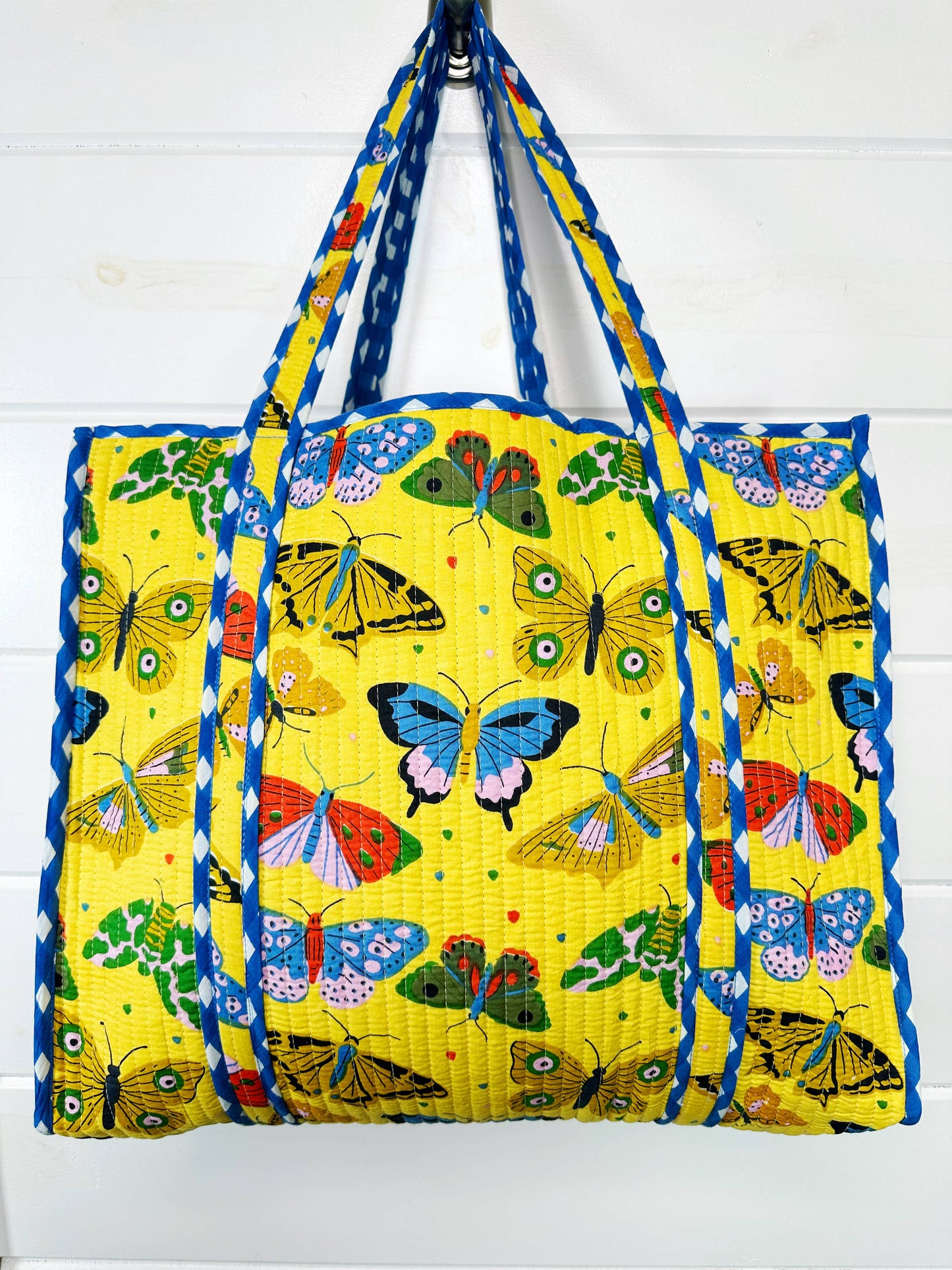 Quilted Tote Bag | Large Travel Bag | Yellow Butterfly Print
