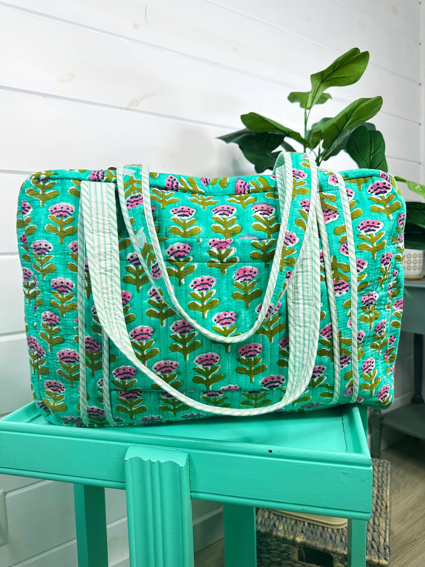Handmade Quilted Duffle Bag – Aqua Floral Print Weekender