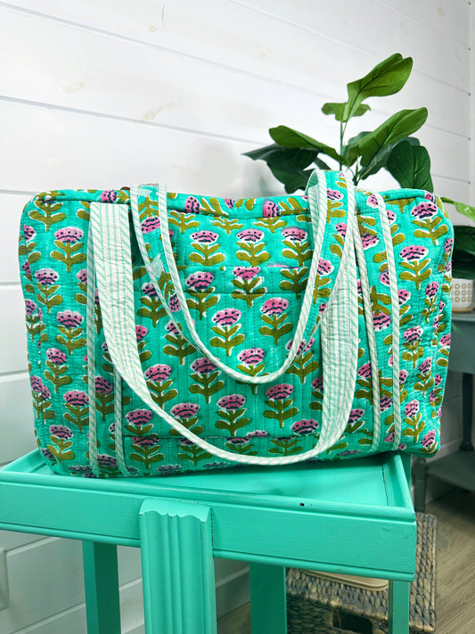 Handmade Quilted Duffle Bag – Aqua Floral Print Weekender