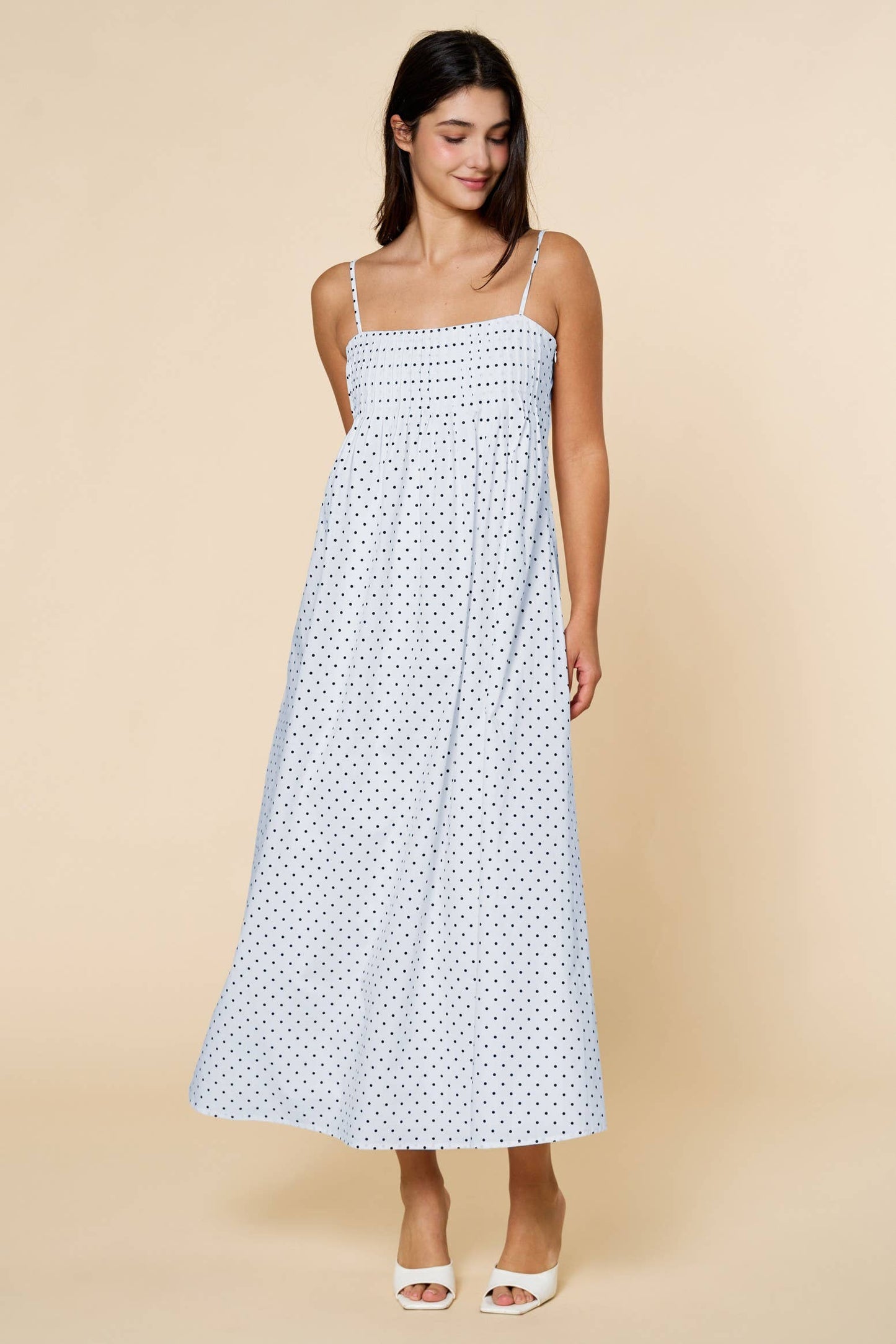 Strappy Polkat Dot Pleated Empire Maxi Dress