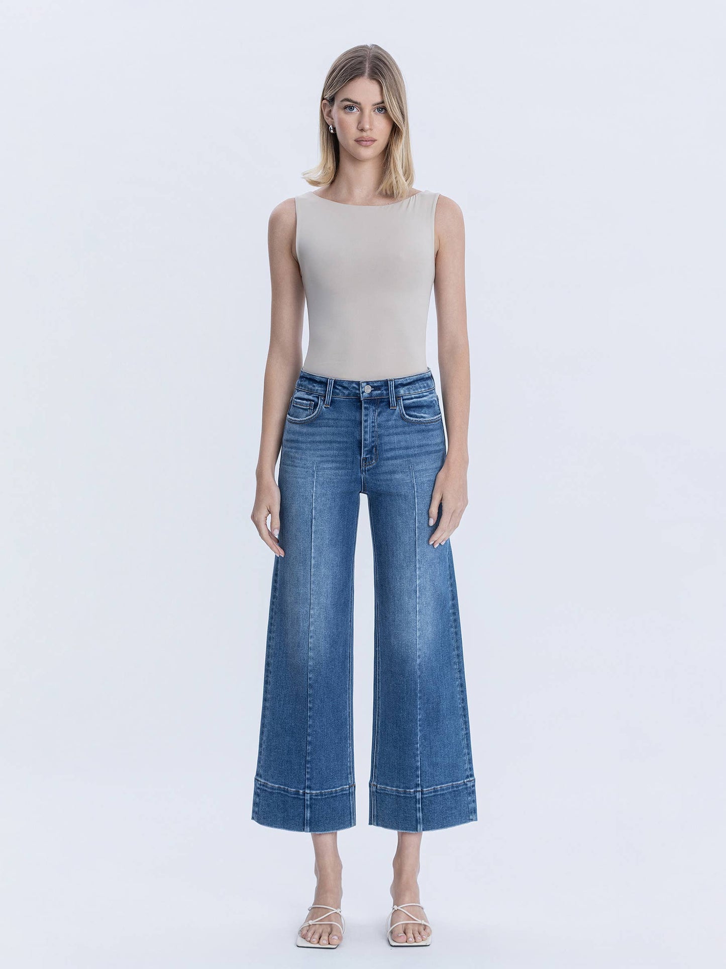 HIGH RISE TROUSER HEM PIN TUCK ANKLE WIDE JEANS
