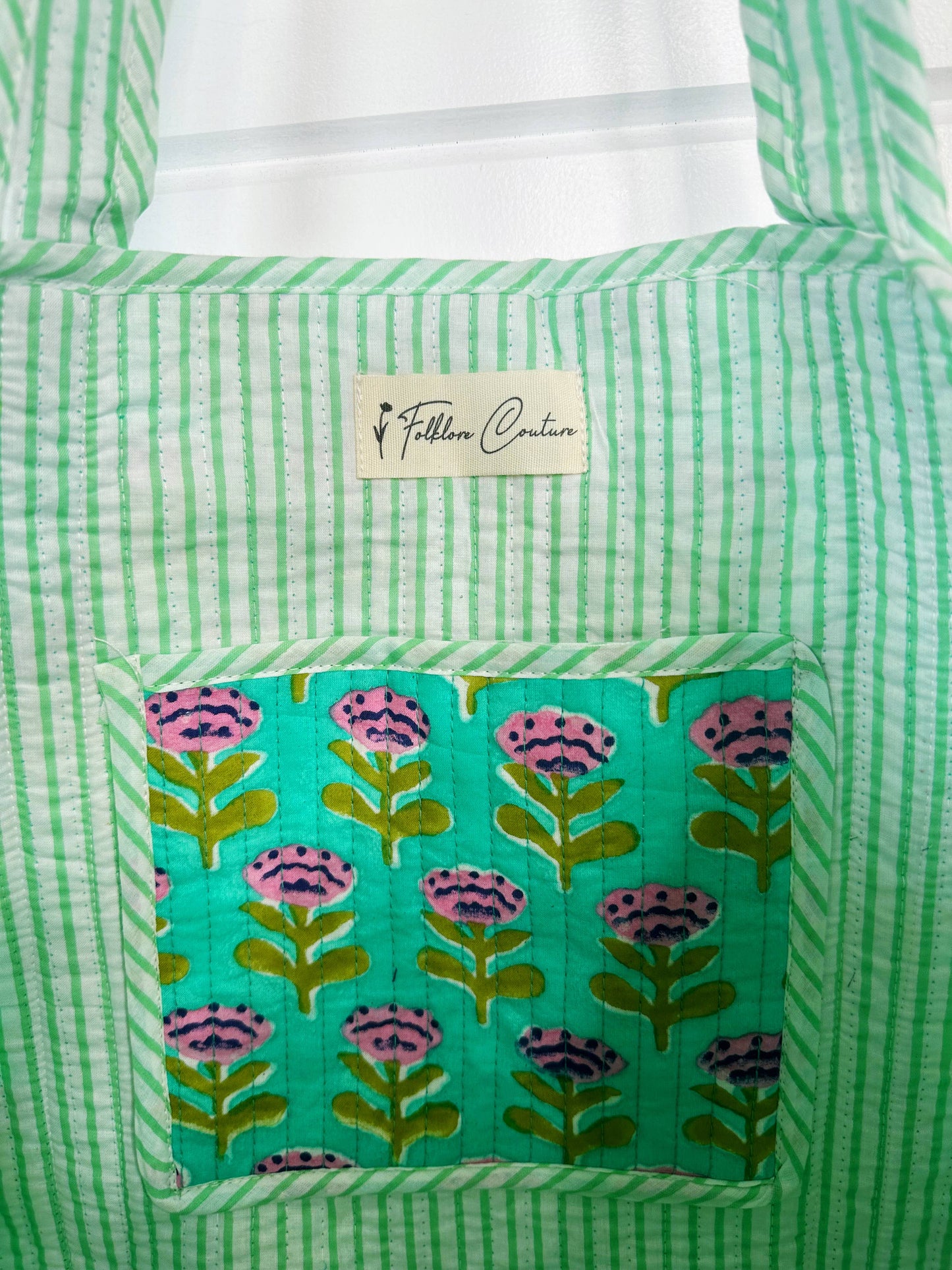 Aqua Floral Large Quilted Tote Bag – Handmade, Reversible