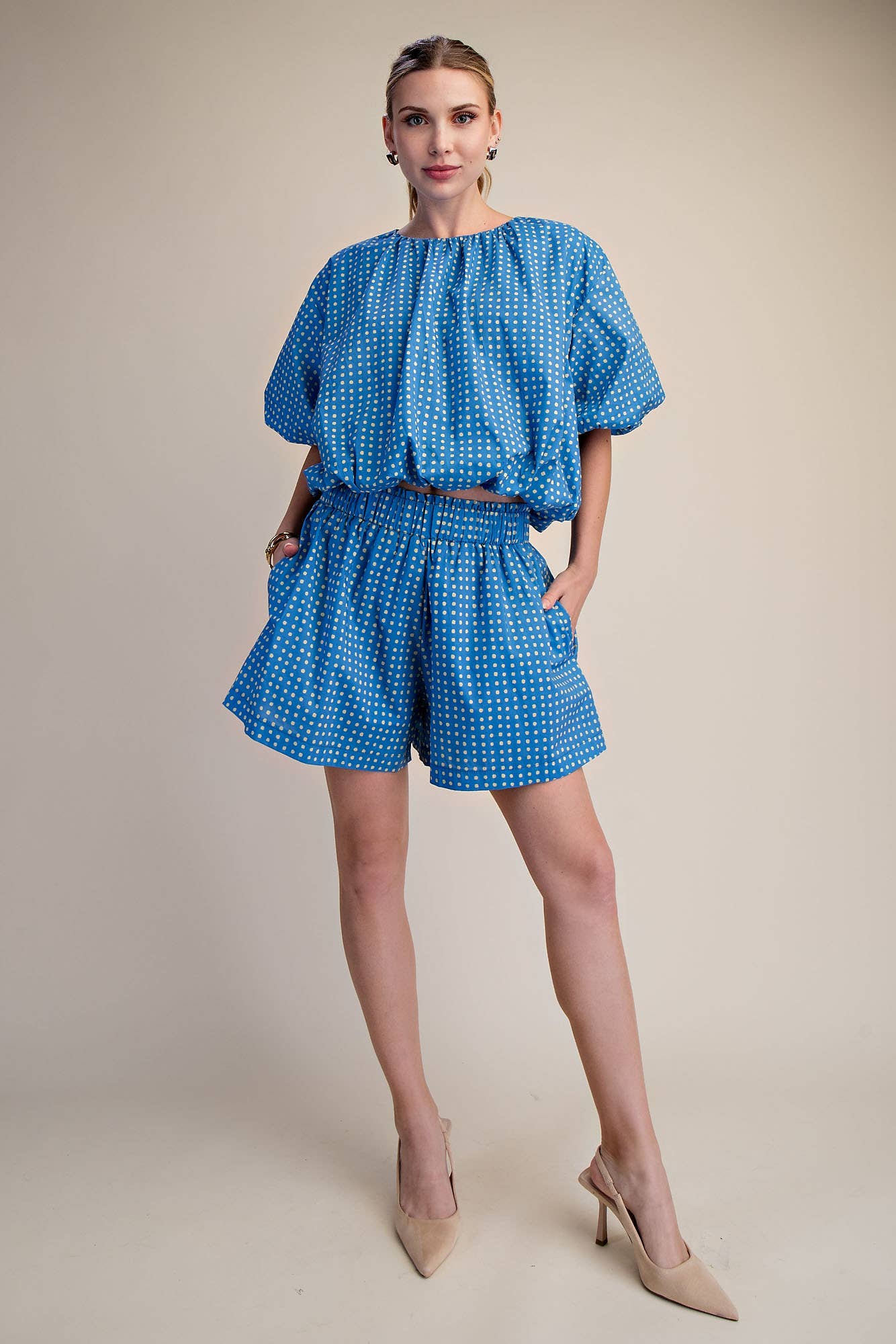 Bubble Crop Top With Round Neck Balloon Sleeve Dot Print