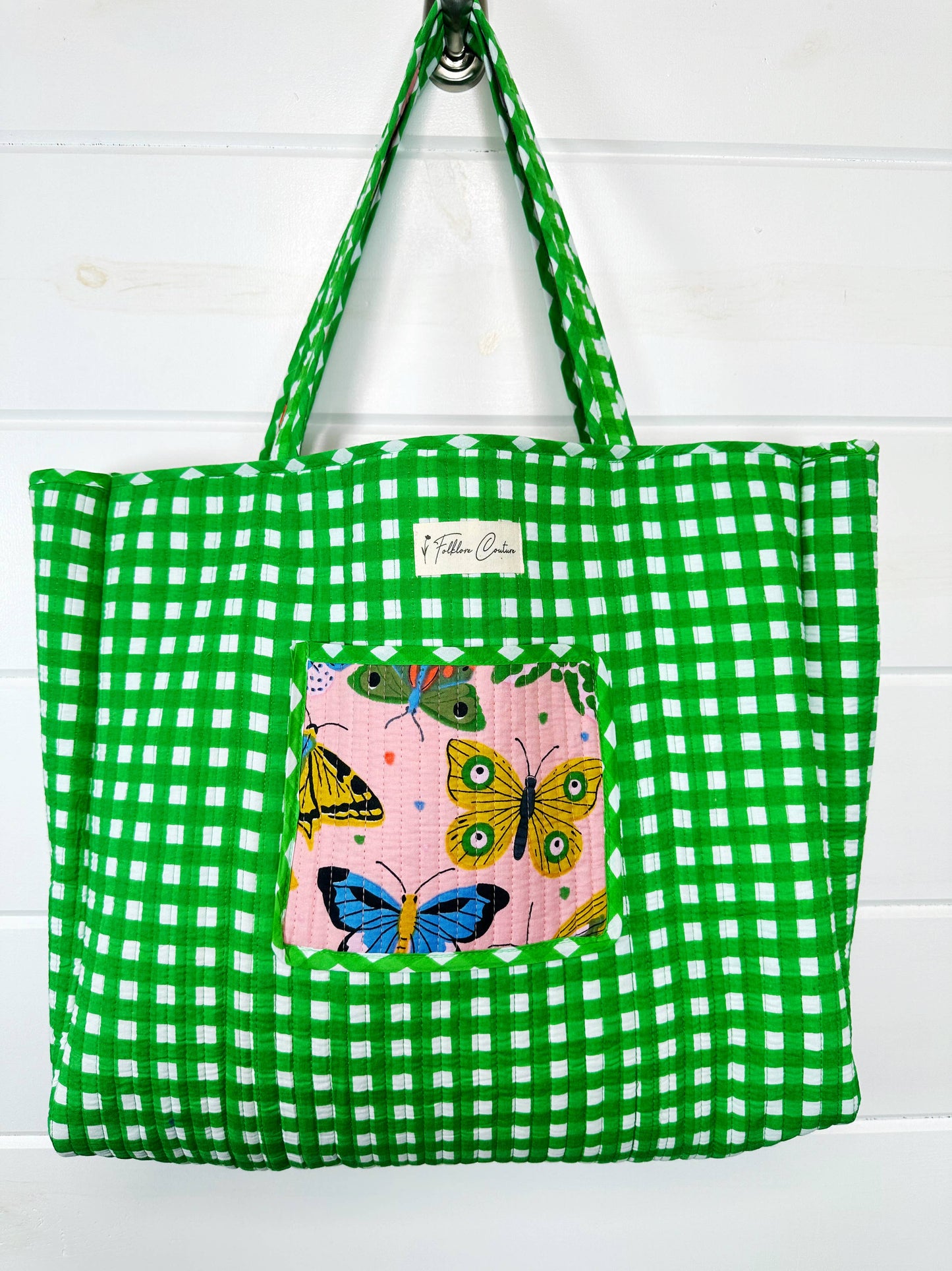 Quilted Tote Bag | Large Travel Bag | Pink Butterfly Print