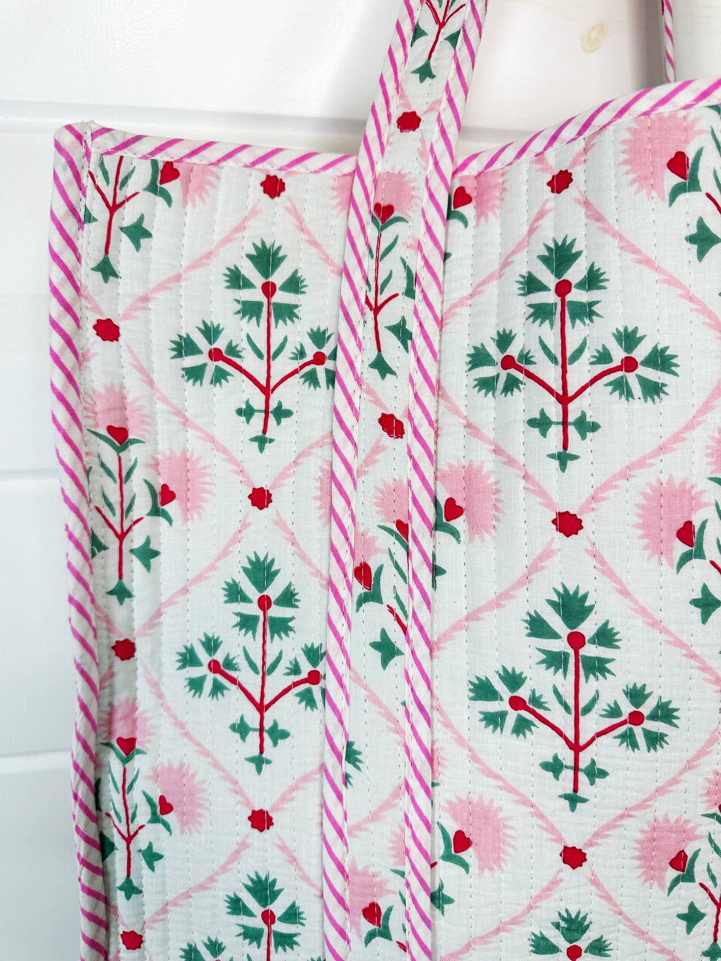 Folk Floral Large Quilted Tote Bag – Handmade, Reversible