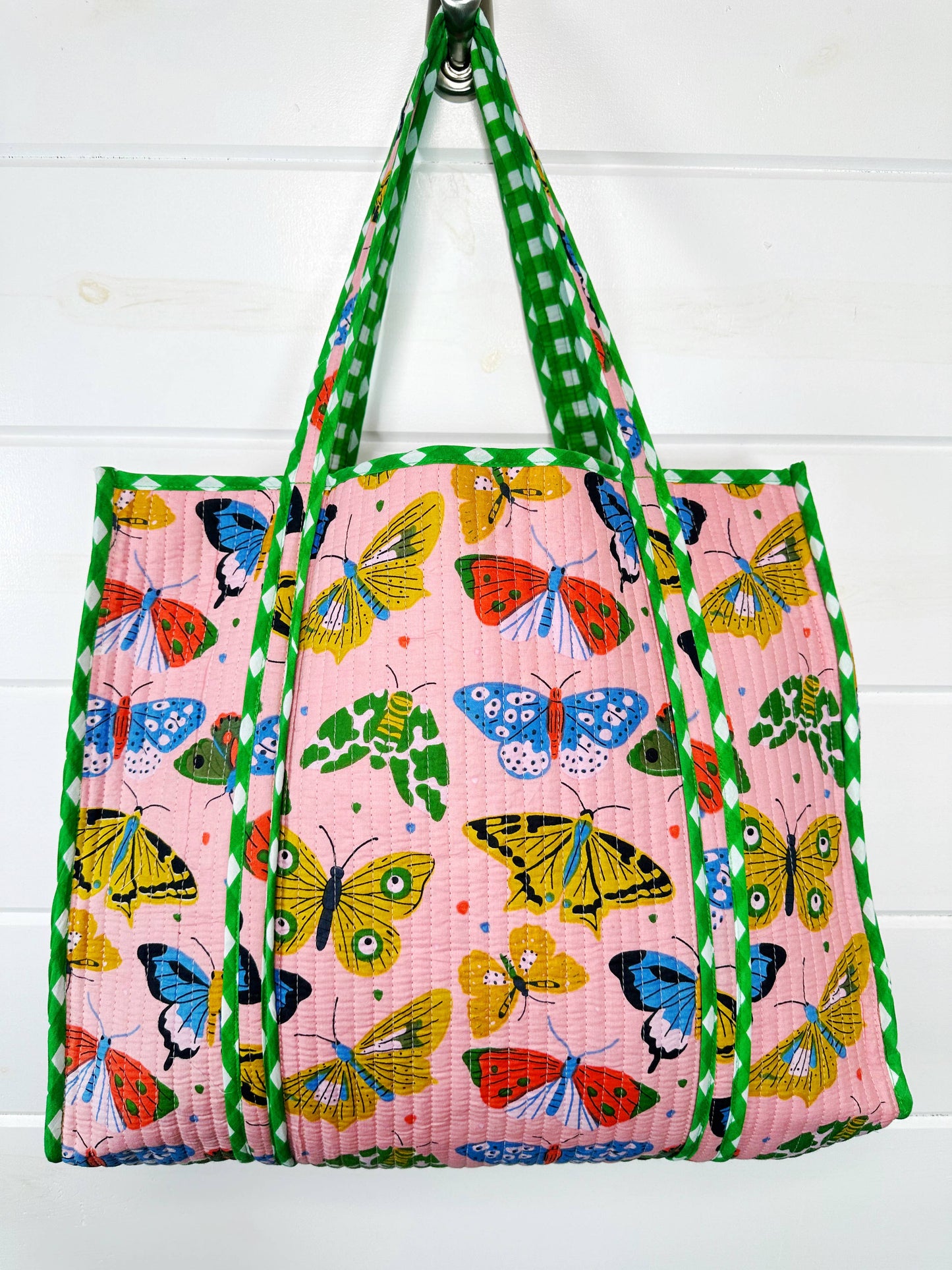 Quilted Tote Bag | Large Travel Bag | Pink Butterfly Print