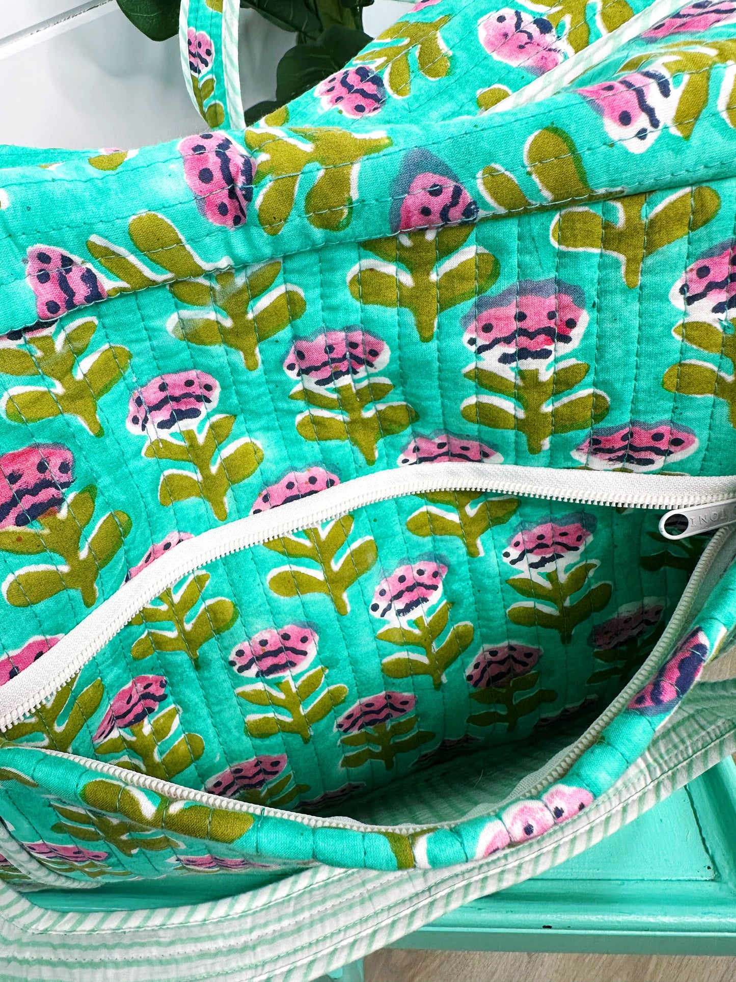 Handmade Quilted Duffle Bag – Aqua Floral Print Weekender