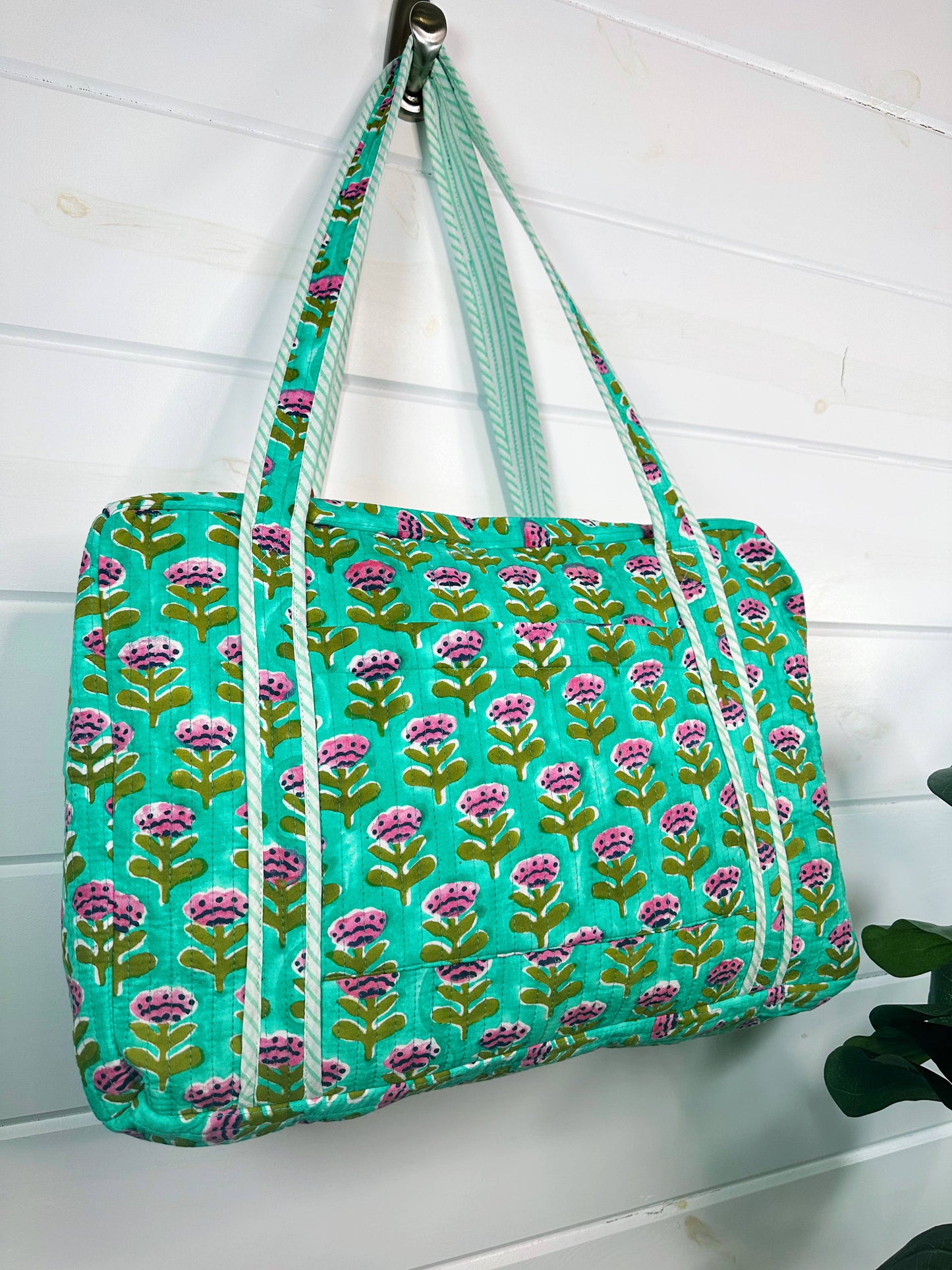 Handmade Quilted Duffle Bag – Aqua Floral Print Weekender