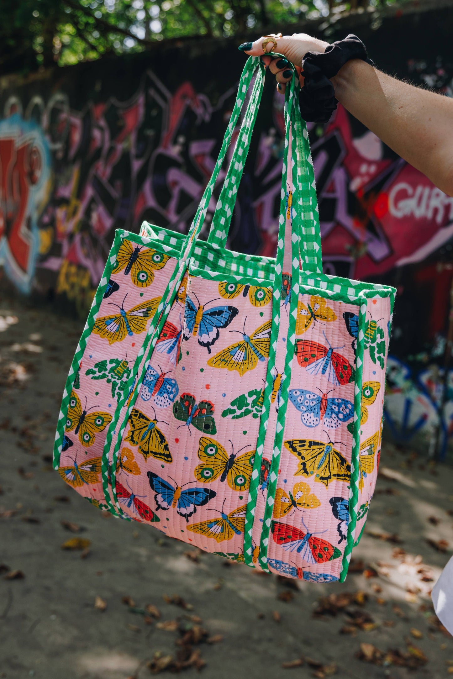 Quilted Tote Bag | Large Travel Bag | Pink Butterfly Print