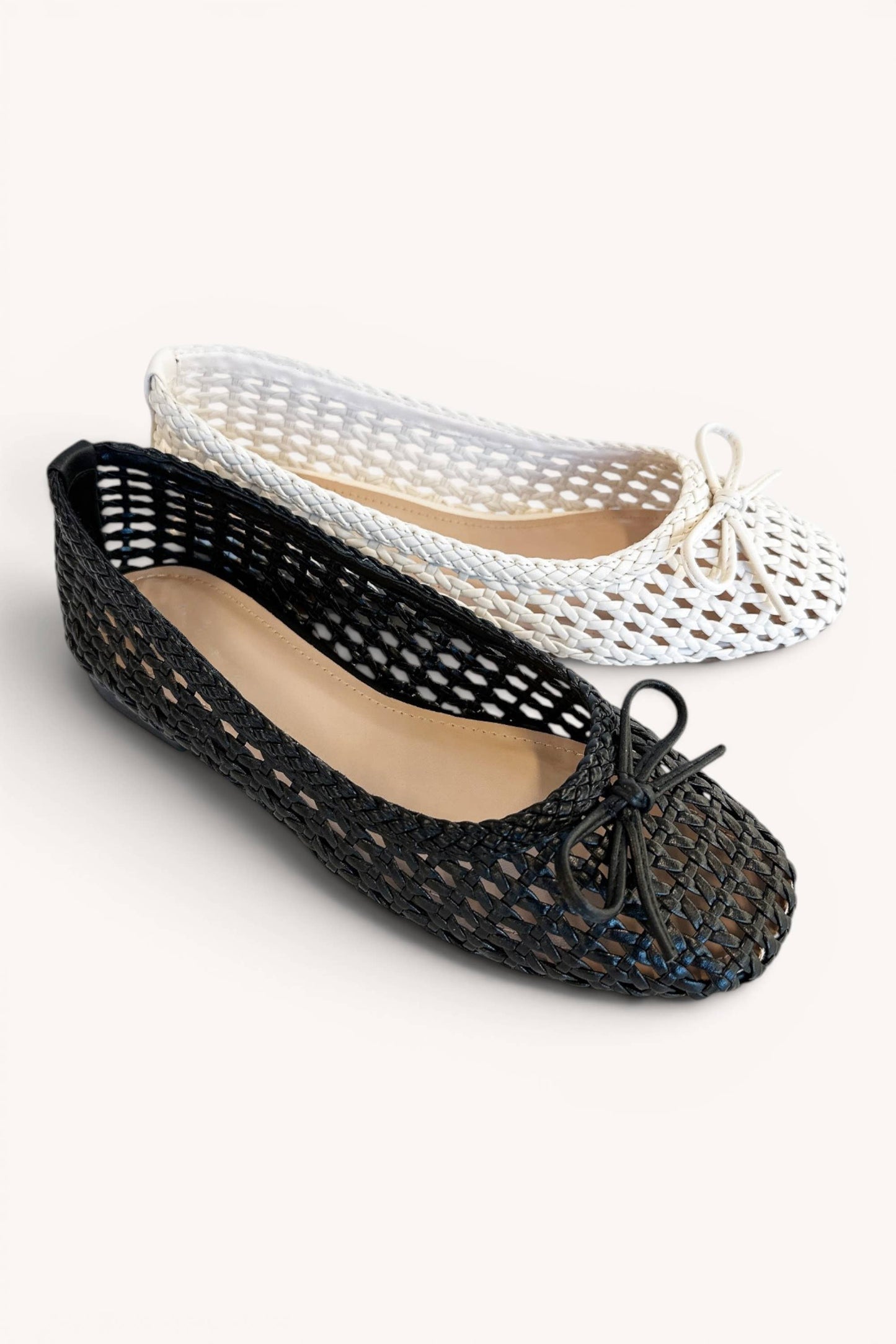 CONCINNITY-7 Woven Lattice Ballet Flats with Ribbon Bow Deta