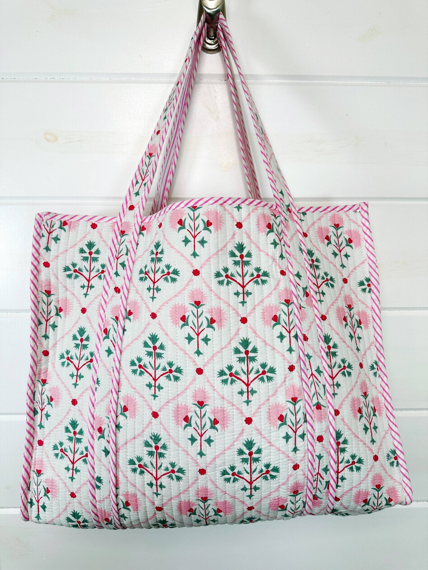 Folk Floral Large Quilted Tote Bag – Handmade, Reversible